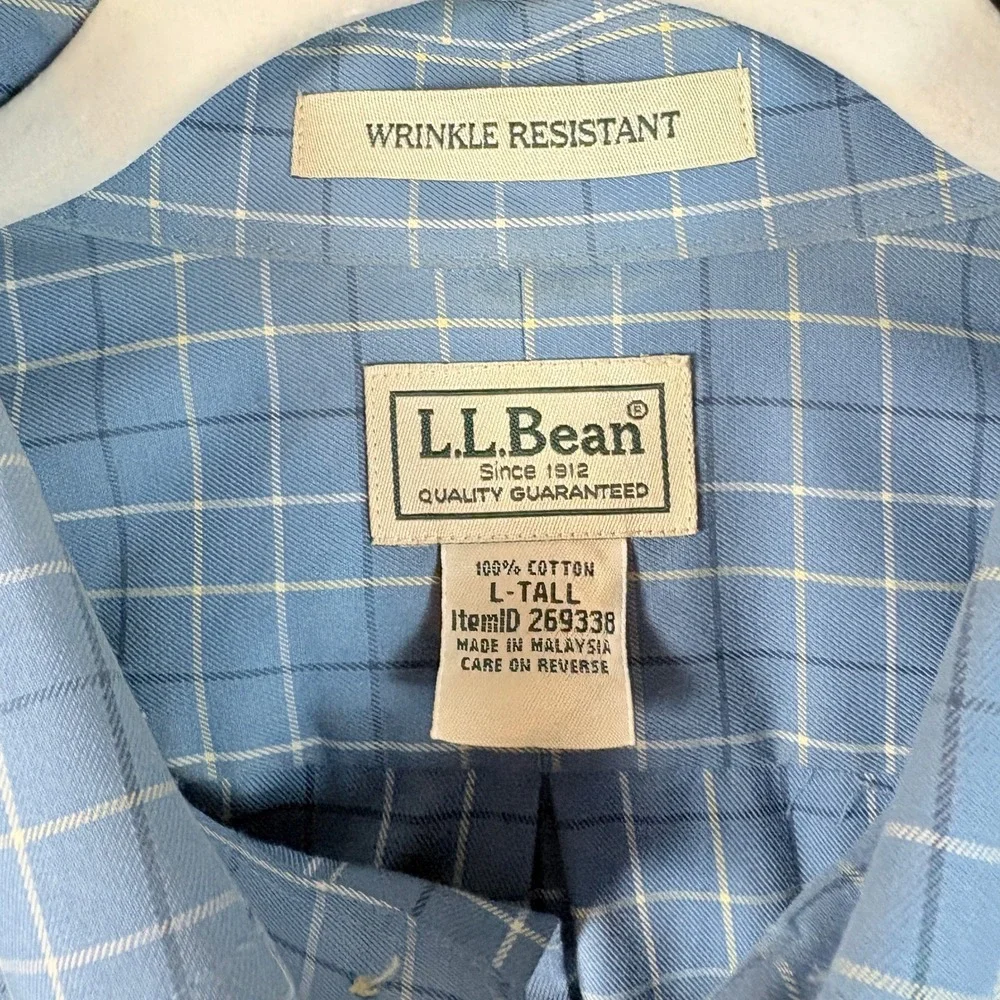 L.L.‎ Bean Button Down Shirt Mens L-Tall Blue Excellent Wrinkle Resistant Grid